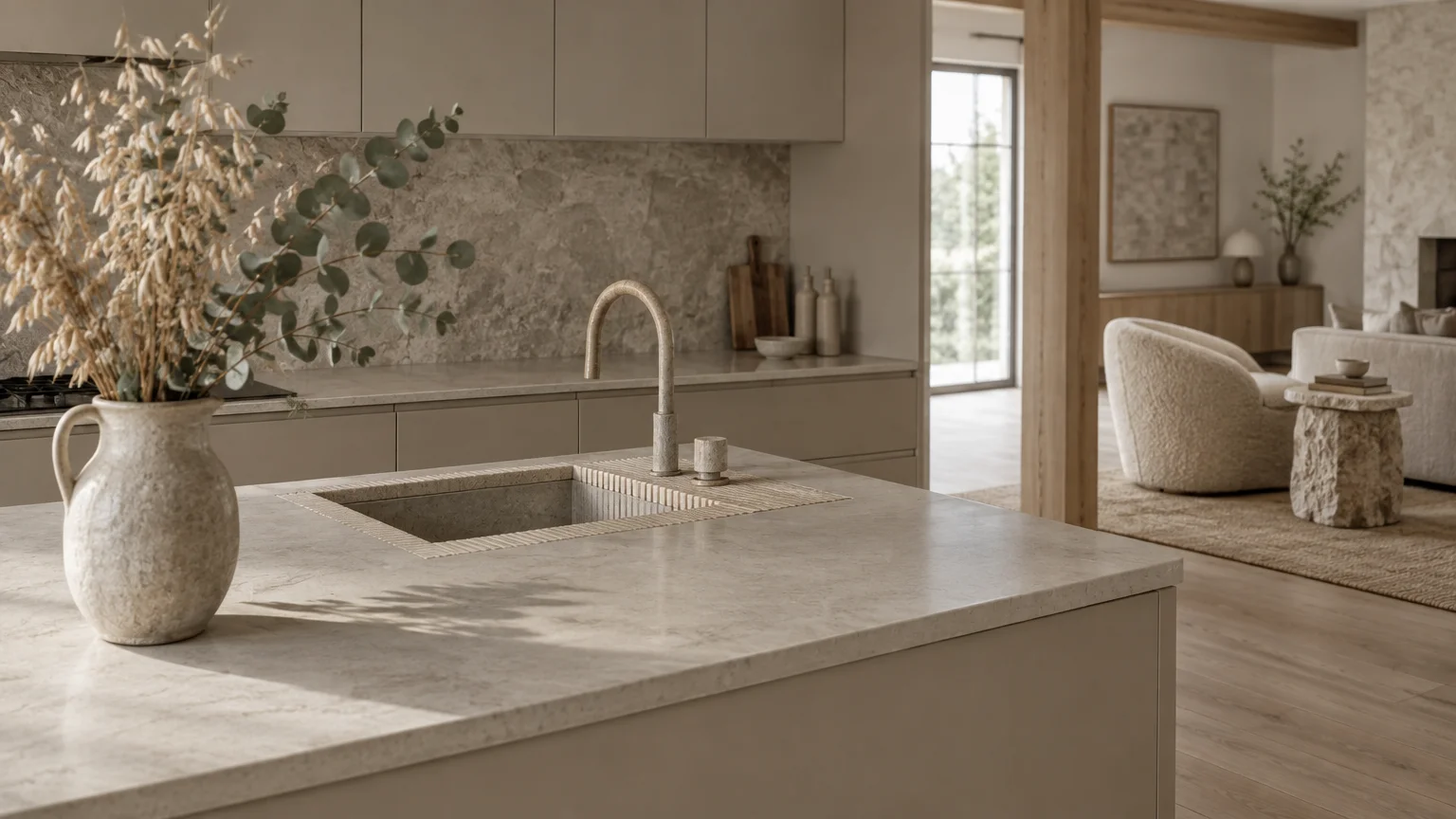 Muted beige kitchen island with a stone sink and faucet, opening to a neutral living room with an armchair.