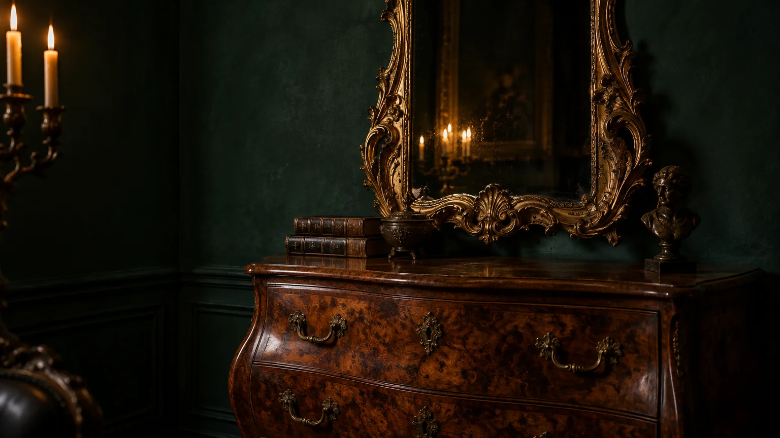 Ornate gilded mirror hanging over a polished burled wood chest of drawers against dark green walls lit by candles.
