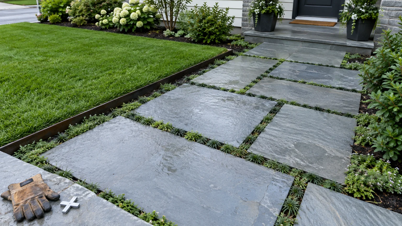 Slate stone pavers forming a walkway to a home entrance, separated by green groundcover plants along a lawn edge.