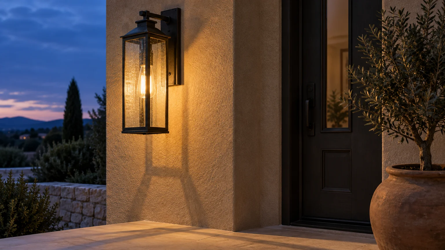 Lit black rectangular wall lantern on a stucco exterior wall beside a front door and potted olive tree.