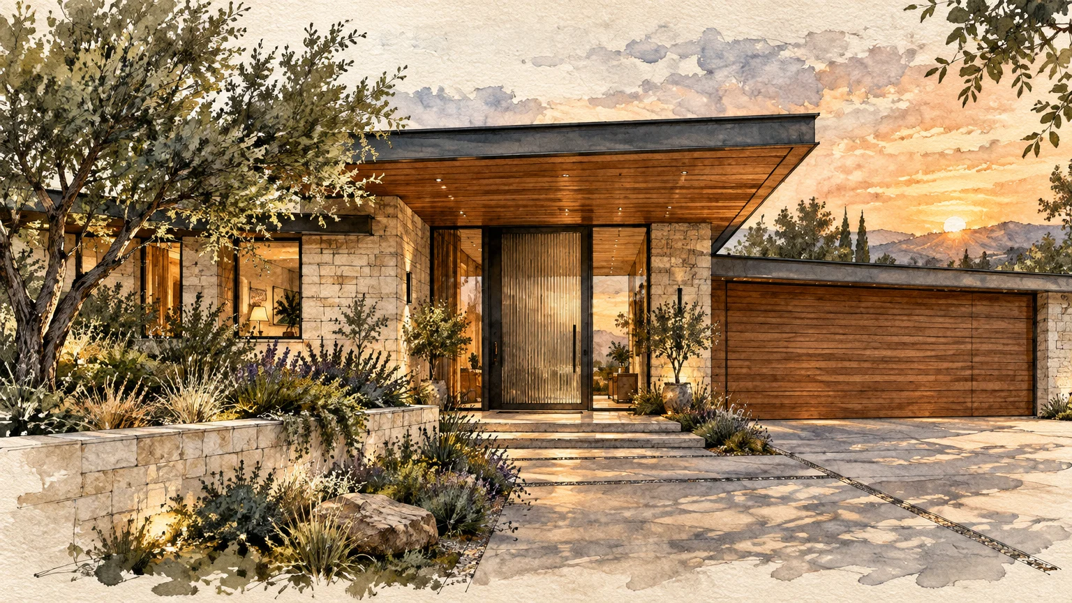 Watercolor illustration of a modern stone and wood home with a large front door and paved driveway at sunset.