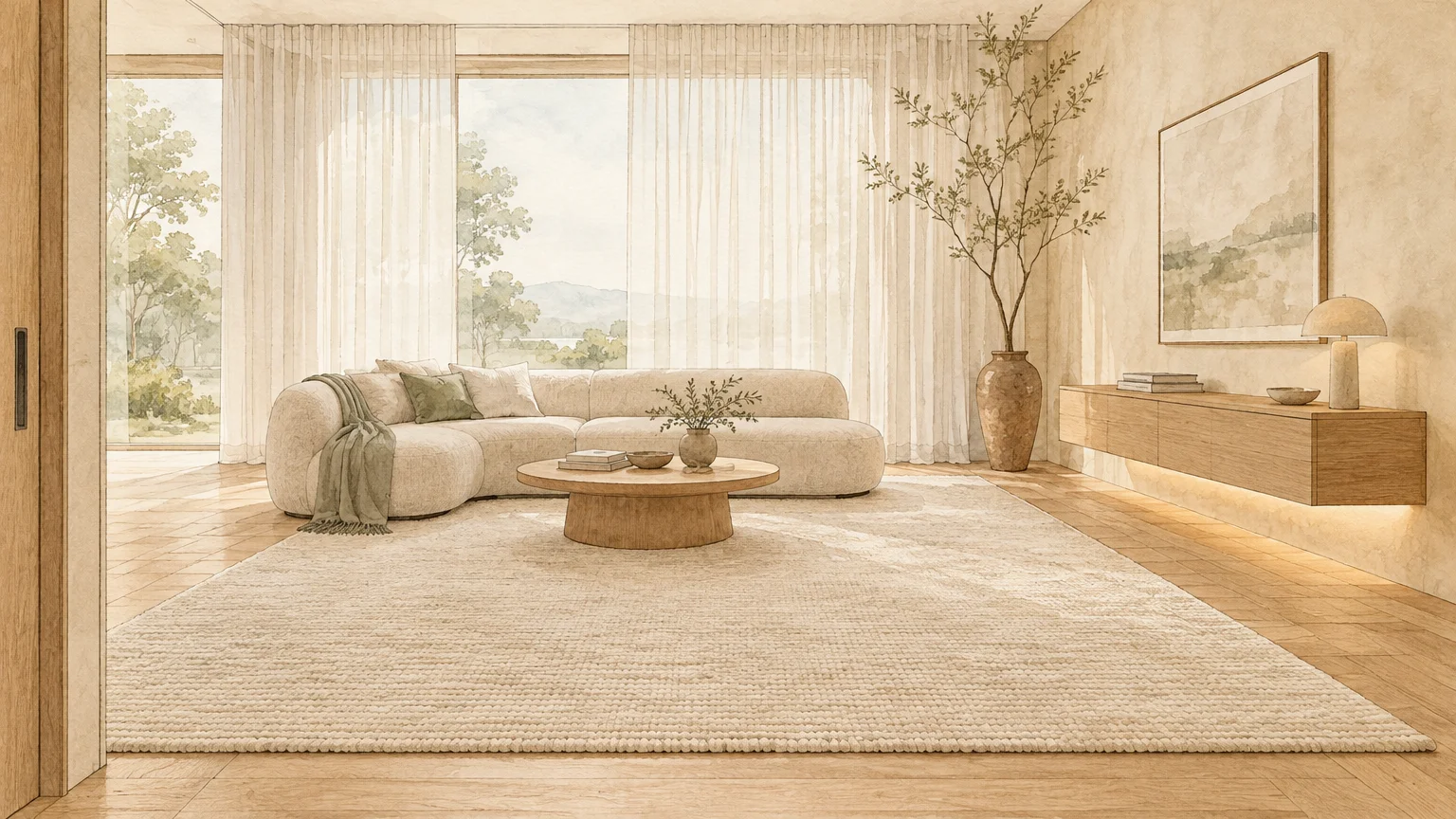 Illustration of a neutral, sunlit living room with a curved sofa, round coffee table, sheer curtains, and large area rug.