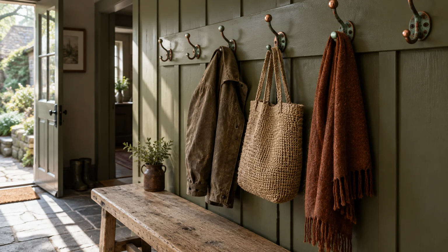 Patinated copper coat hooks mounted on an olive green paneled wall above a rustic wooden entryway bench.