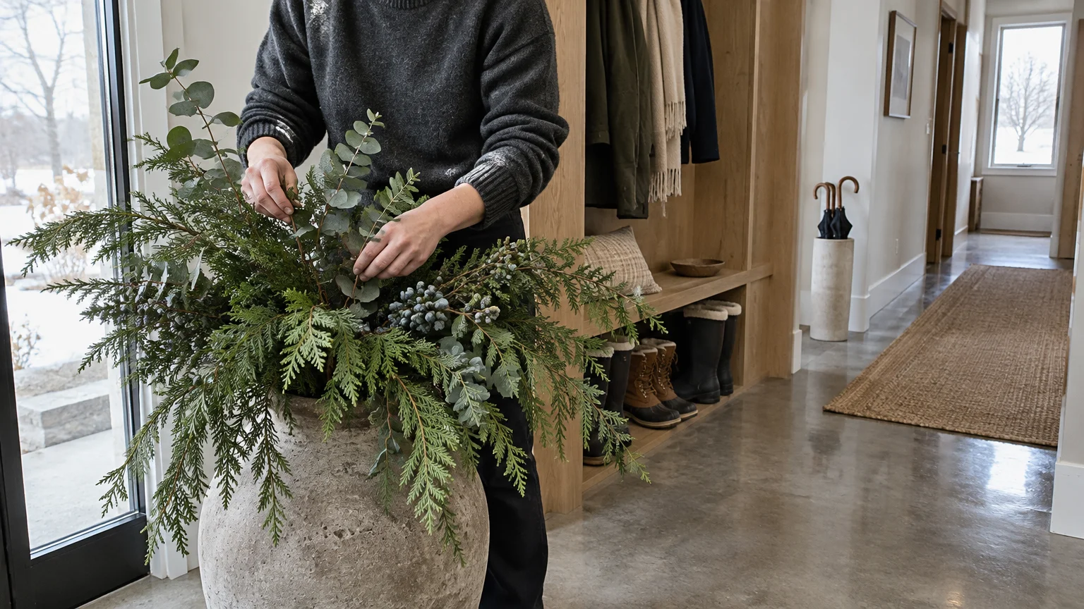 A person arranges preserved cedar, eucalyptus, and juniper branches inside a large stone vessel in an entryway.