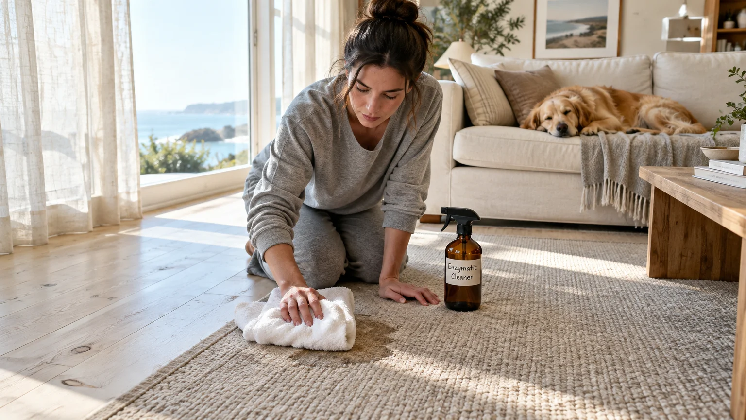 A woman blotted a carpet stain with a white towel beside a spray bottle of enzymatic cleaner while a dog sleeps on a couch.
