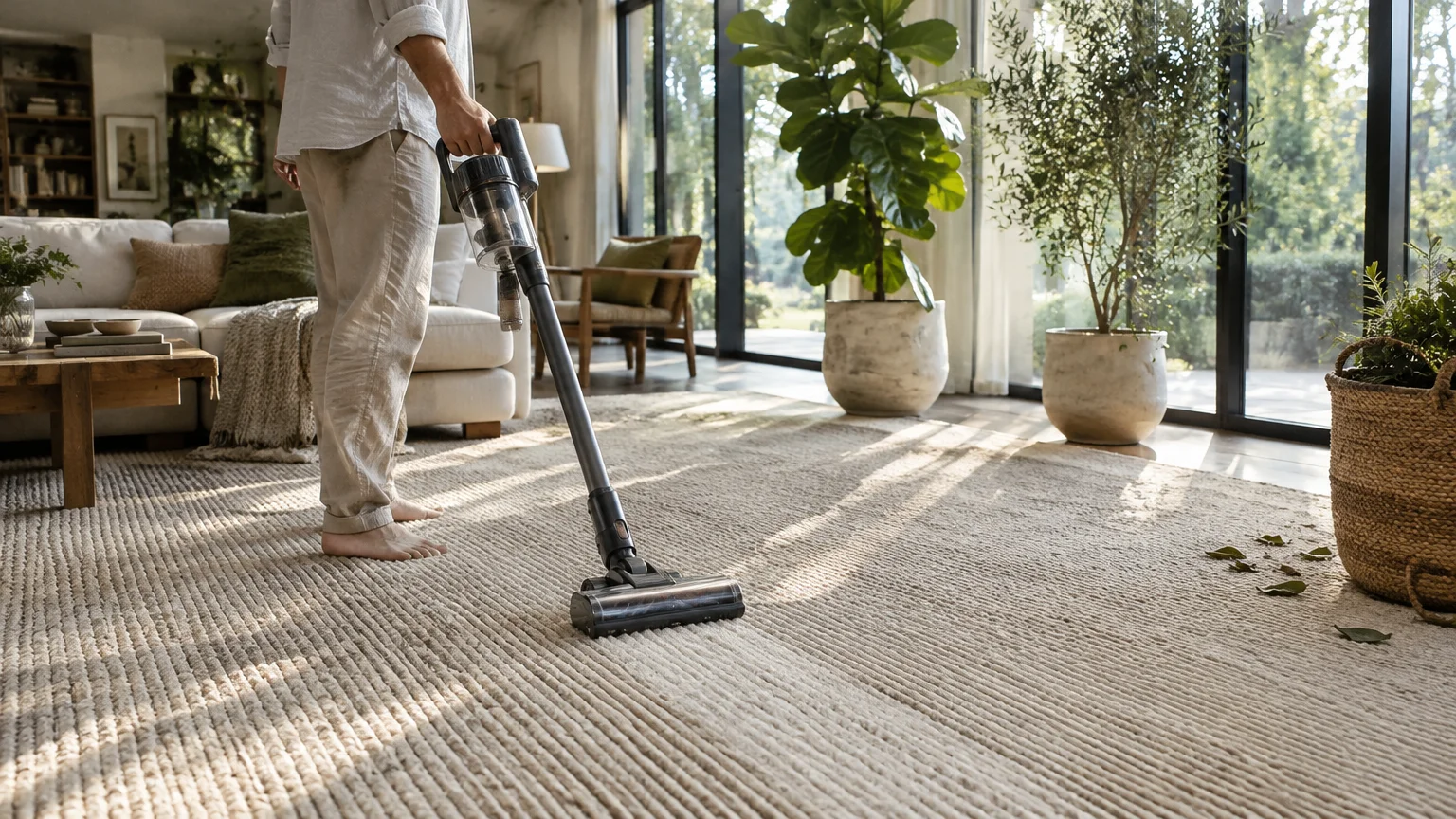 Person vacuuming a large textured beige area rug in a sunlit living room with floor-to-ceiling windows and potted plants.