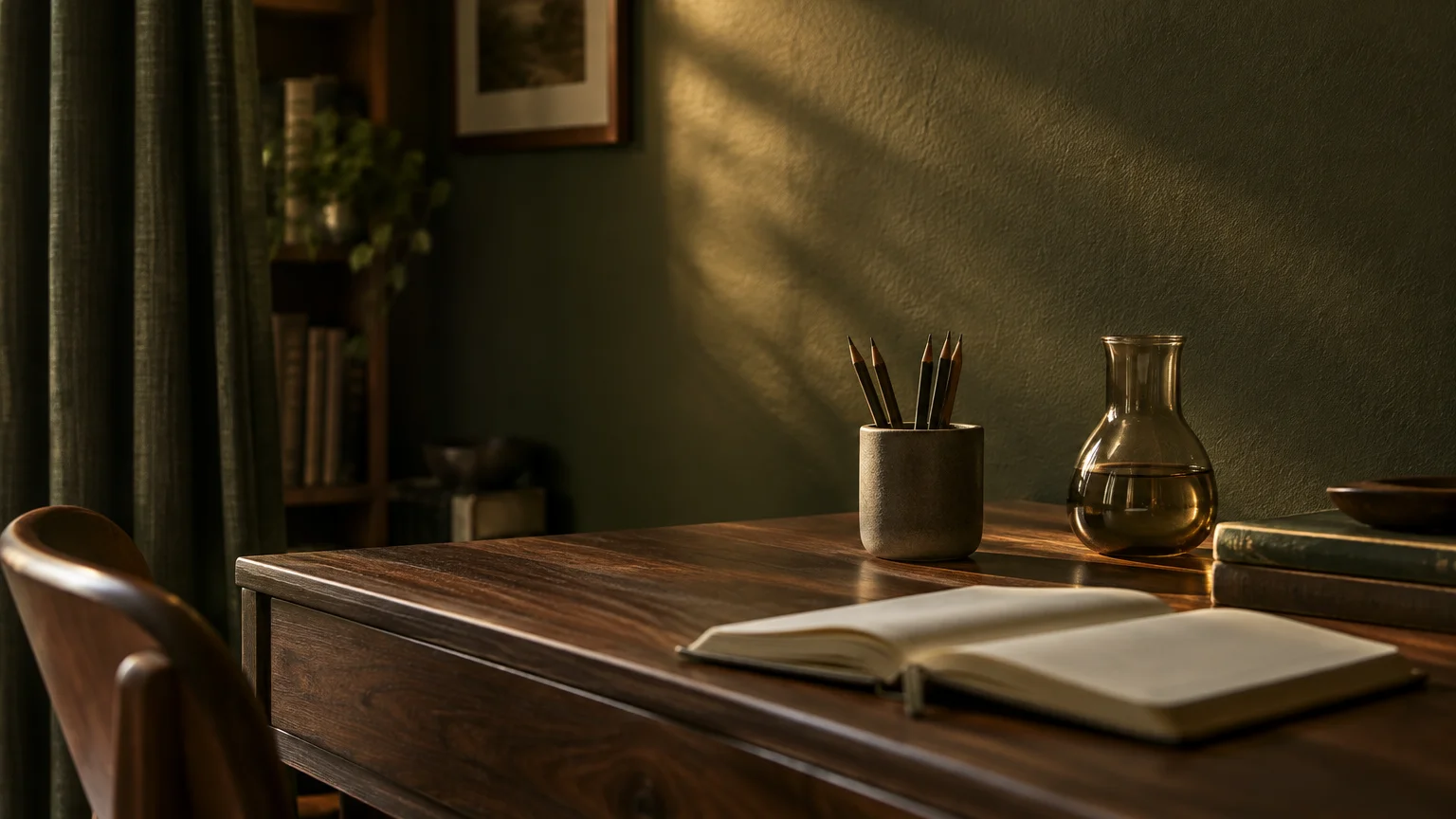 Wooden desk with an open notebook, pencil cup, and glass vase against a sunlit olive-green wall.