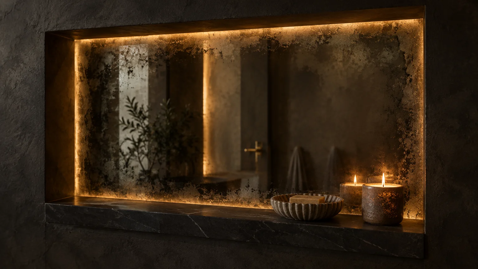 Backlit antiqued mirror set inside a dark recessed wall niche with glowing candles and a decorative soap dish on the ledge.