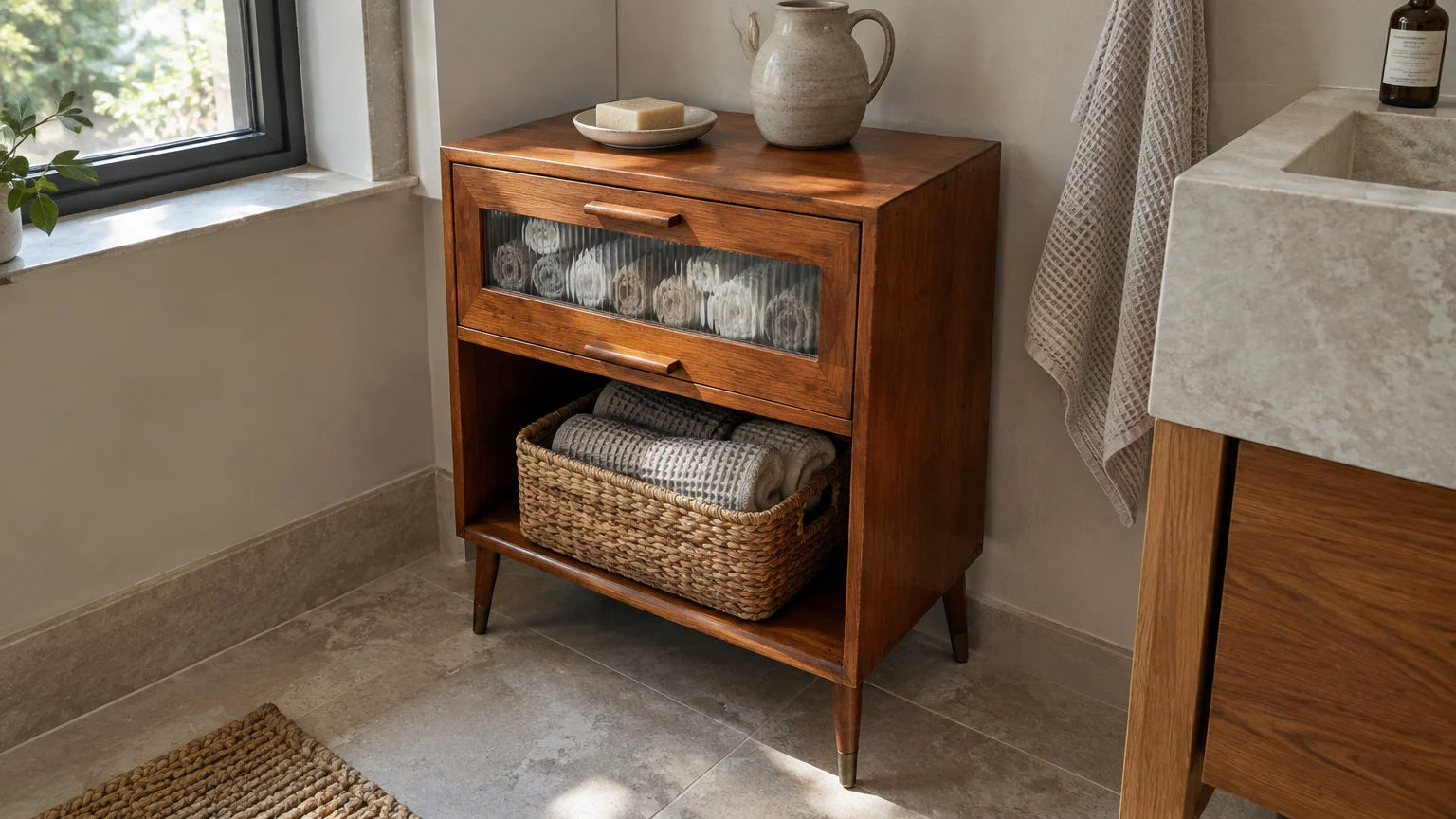 Wooden storage cabinet with a fluted glass drawer and a woven basket filled with towels in a sunlit bathroom.