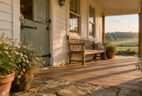 Wooden porch of a white farmhouse with a green Dutch door, wooden bench, potted flowers, and rolling green hills.
