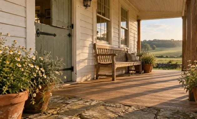 Wooden porch of a white farmhouse with a green Dutch door, wooden bench, potted flowers, and rolling green hills.