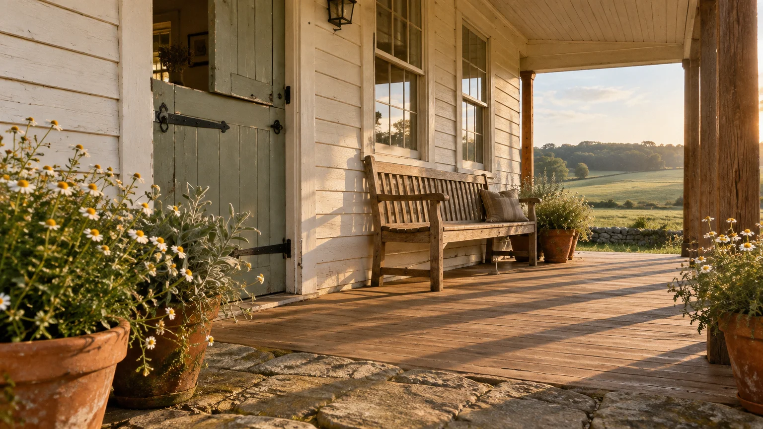 Wooden porch of a white farmhouse with a green Dutch door, wooden bench, potted flowers, and rolling green hills.