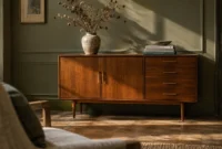 Mid-century wooden credenza against an olive green paneled wall, decorated with a ceramic vase and dried florals.