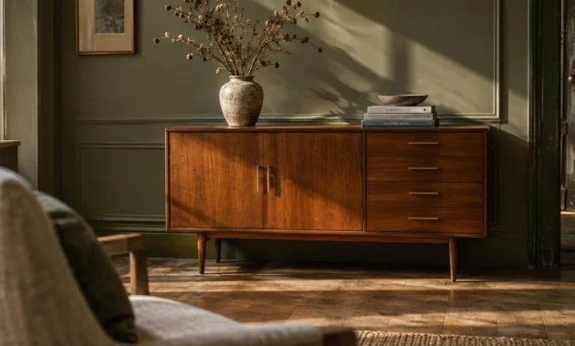 Mid-century wooden credenza against an olive green paneled wall, decorated with a ceramic vase and dried florals.