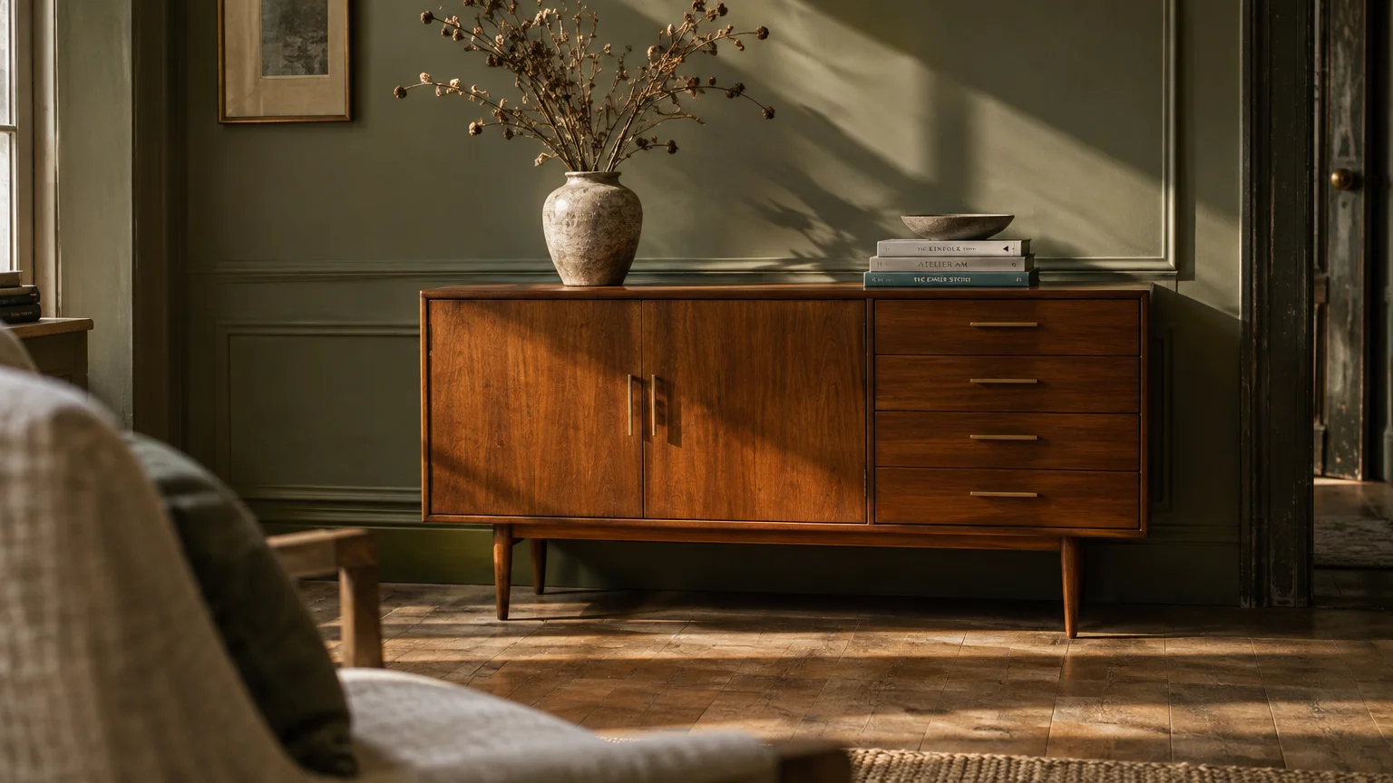 Mid-century wooden credenza against an olive green paneled wall, decorated with a ceramic vase and dried florals.