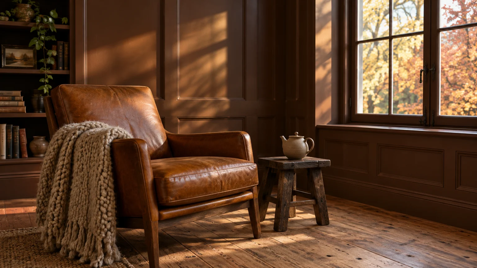 Brown paneled room with a leather armchair, knitted throw blanket, small wooden stool, and autumn trees outside the window.