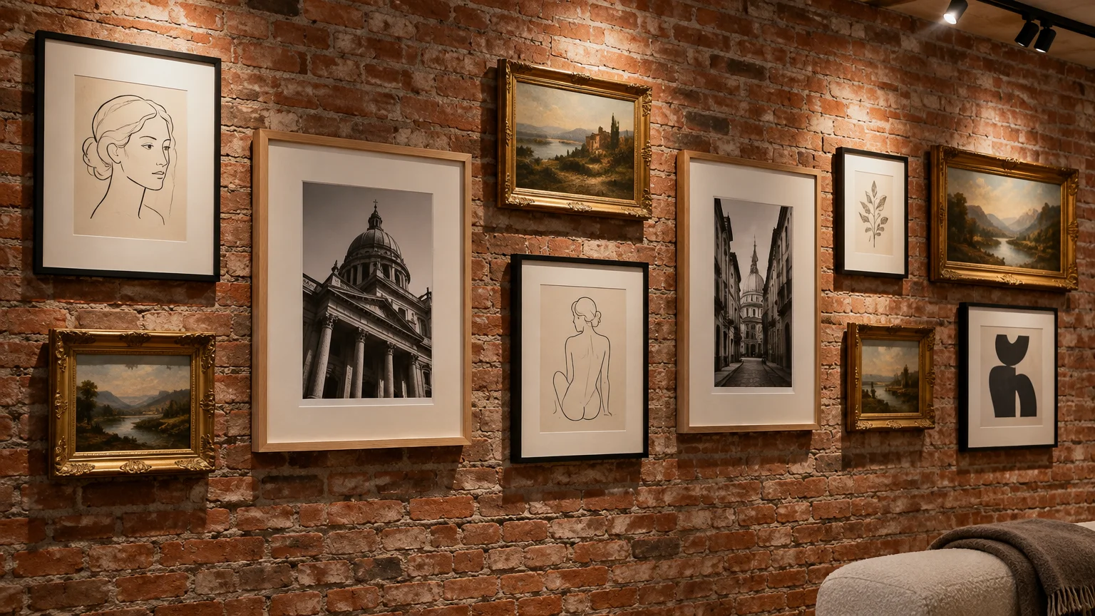 Gallery wall of framed art prints, sketches, and oil paintings hung across an exposed red brick wall.