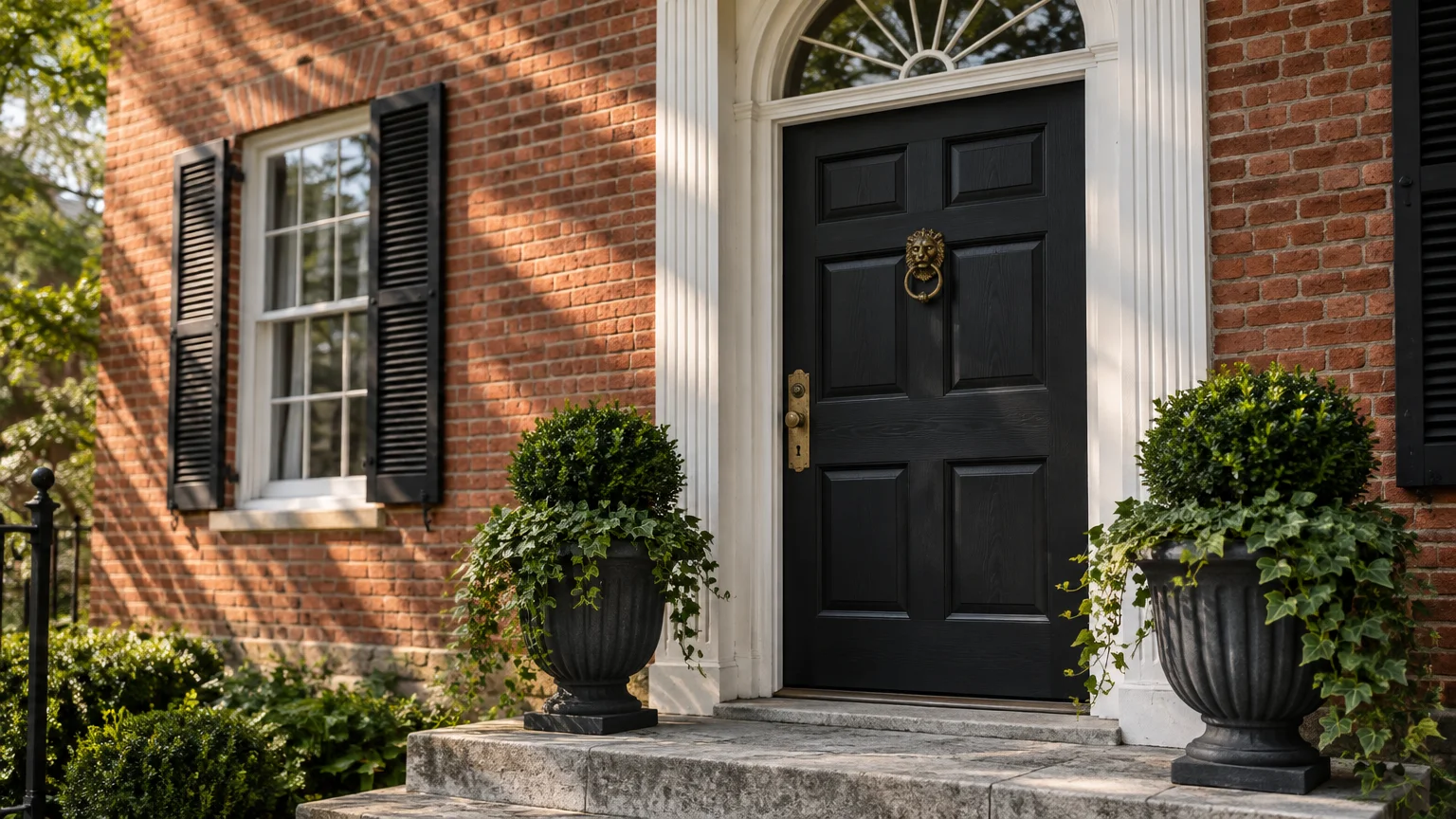 Black front door with brass knocker, white arched trim, and flanking urn planters on a red brick house facade.
