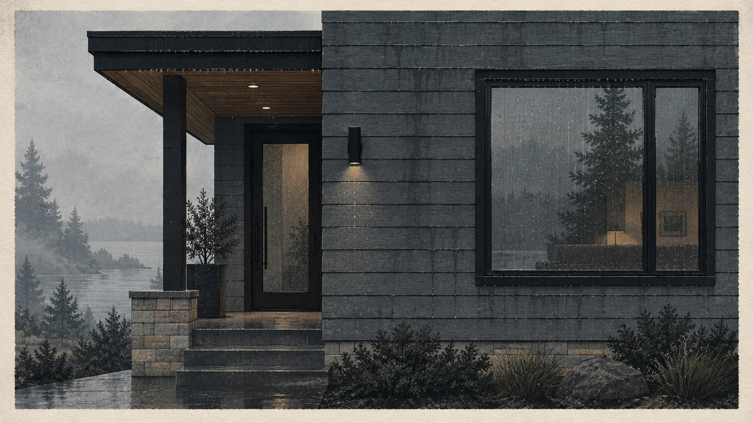 Illustration of a modern house exterior with dark charcoal siding, large glass windows, and a covered porch in the rain.