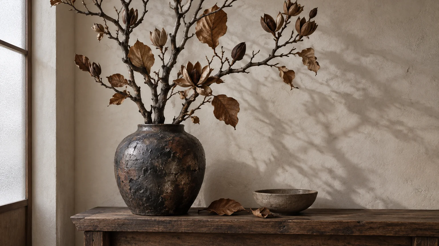 Dried branches with seed pods in a rustic ceramic vase on a wooden table beside a small bowl.