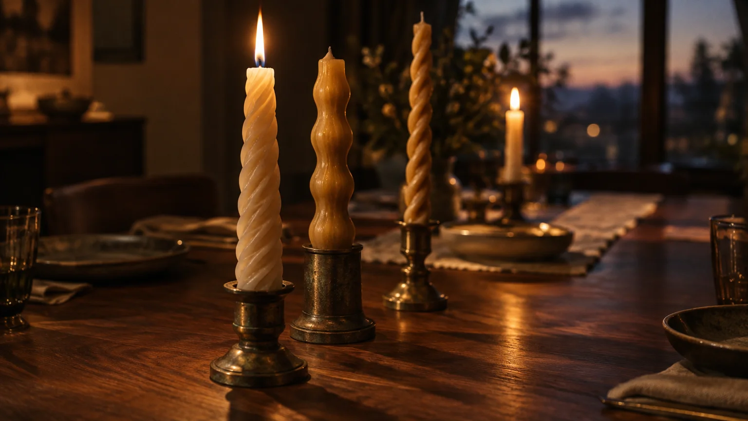 Sculptural twisted and wavy taper candles in brass holders set along a wooden dining table in warm evening light.