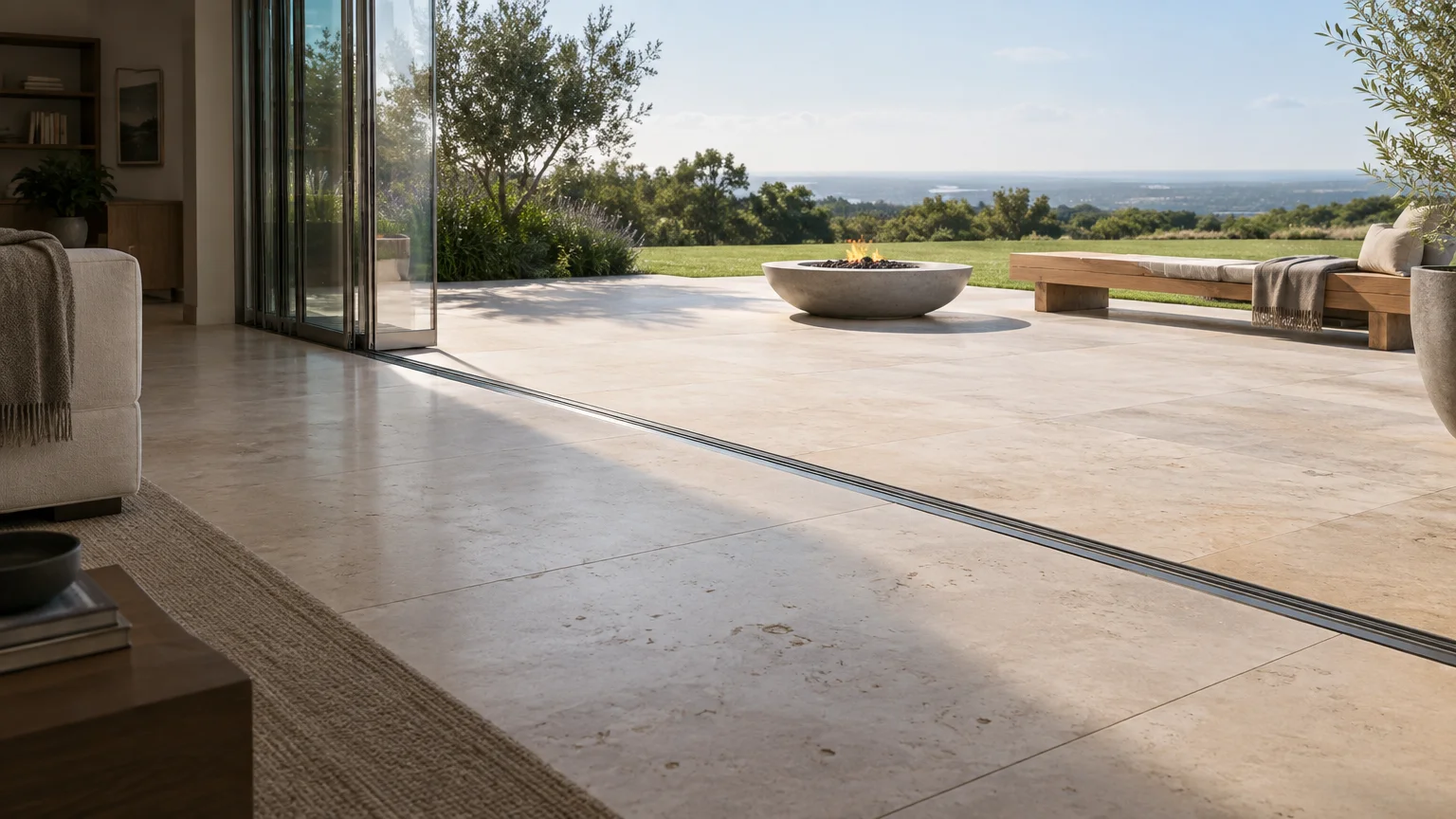Beige tile flooring extending from a living room through sliding glass doors onto an outdoor patio with a fire bowl.