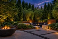 A modern illuminated stone patio at dusk with a round fire pit, sunken seating area, and tall evergreen privacy trees.