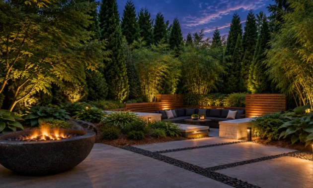 A modern illuminated stone patio at dusk with a round fire pit, sunken seating area, and tall evergreen privacy trees.