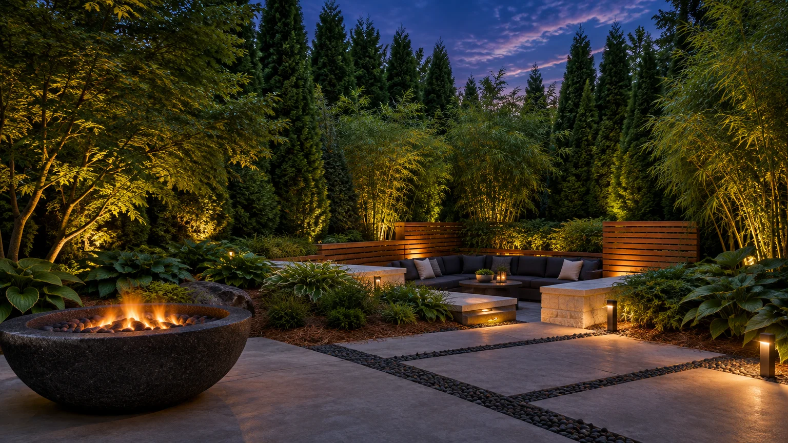 A modern illuminated stone patio at dusk with a round fire pit, sunken seating area, and tall evergreen privacy trees.