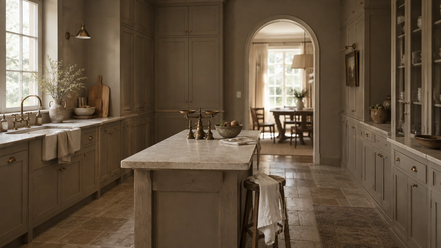 Taupe kitchen cabinetry with stone countertops, a central island, and an arched doorway leading to a dining room.