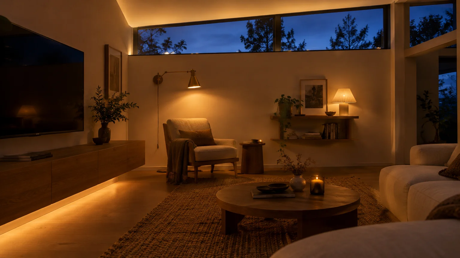 Living room at dusk lit by a warm wall sconce, table lamp, cove lighting, and an illuminated floating console.