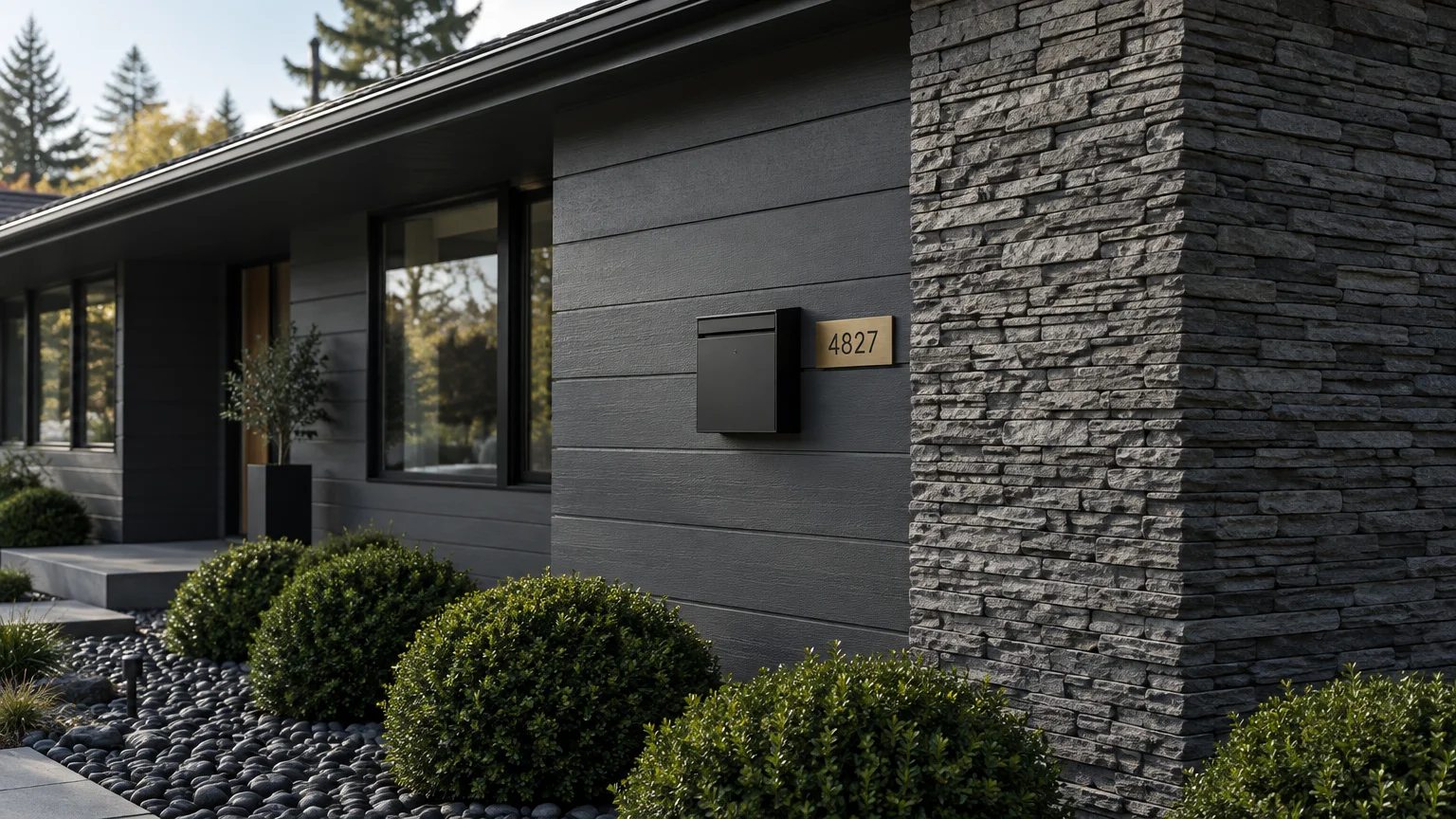 Modern dark gray ranch house exterior with horizontal siding, stacked stone pillar, black mailbox, and manicured shrubs.