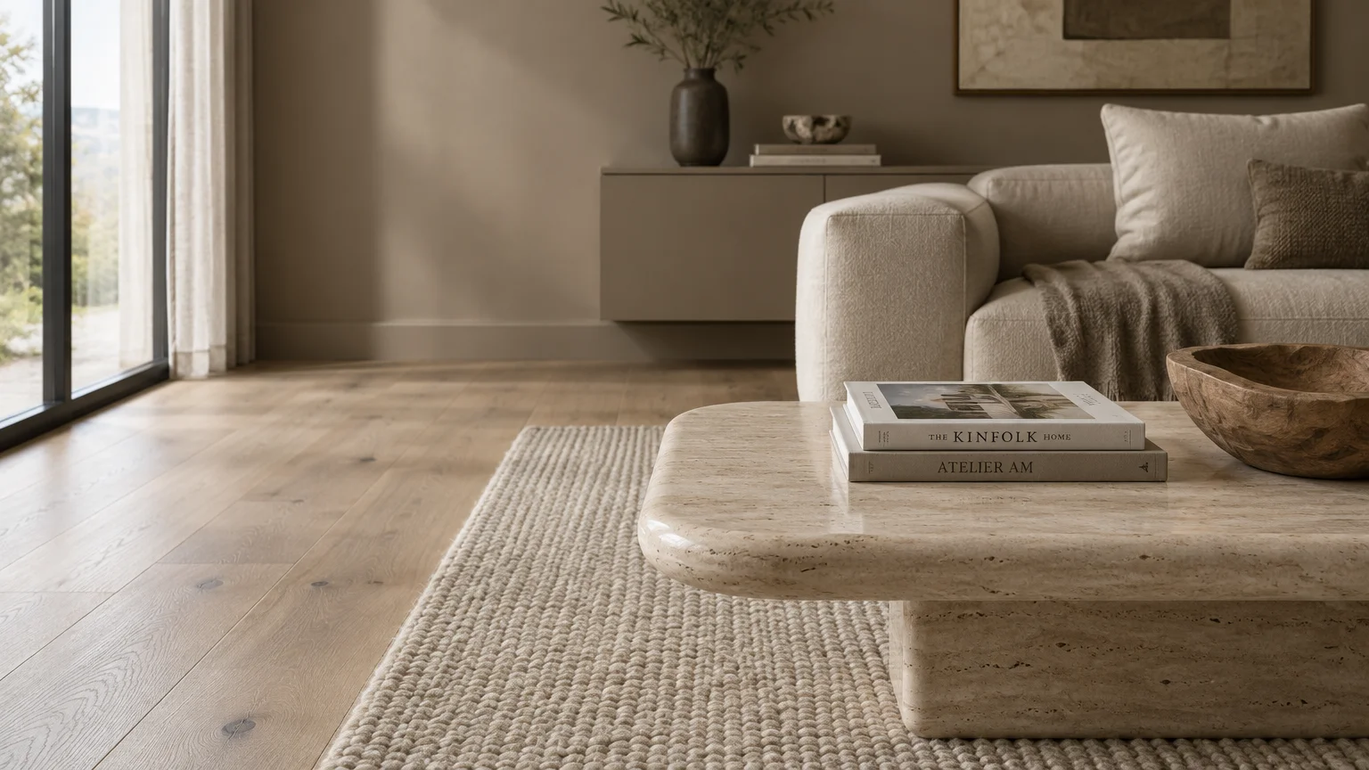 Low travertine coffee table on a textured rug beside light oak wood floors, a neutral sofa, and warm taupe painted walls.