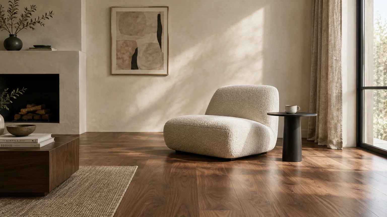 Warm beige living room with walnut hardwood floors, a textured low armchair, a fireplace, and a small side table.
