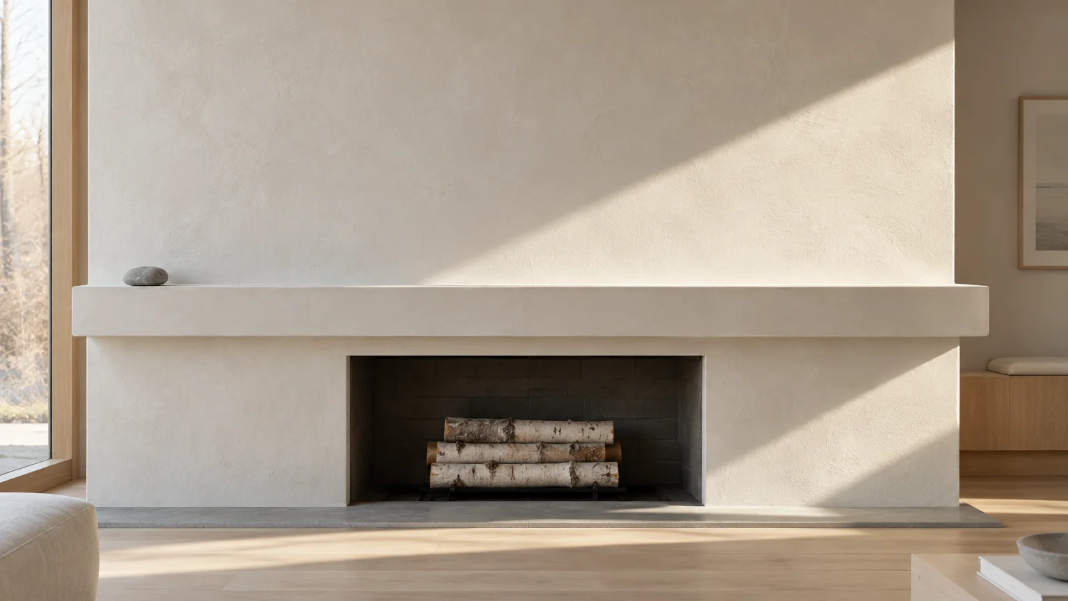 Minimalist plaster fireplace mantel holding a single smooth stone, with birch logs stacked inside the firebox.