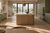 Fluted wood kitchen island with marble countertop in a spacious kitchen featuring olive green cabinetry and glass doors.