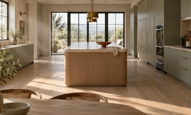 Fluted wood kitchen island with marble countertop in a spacious kitchen featuring olive green cabinetry and glass doors.