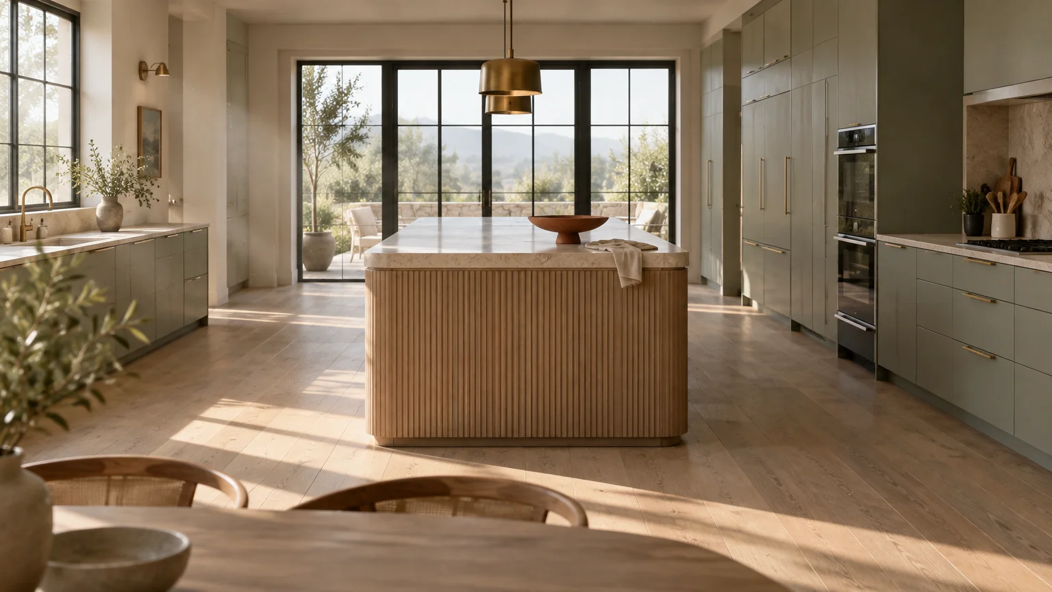 Fluted wood kitchen island with marble countertop in a spacious kitchen featuring olive green cabinetry and glass doors.