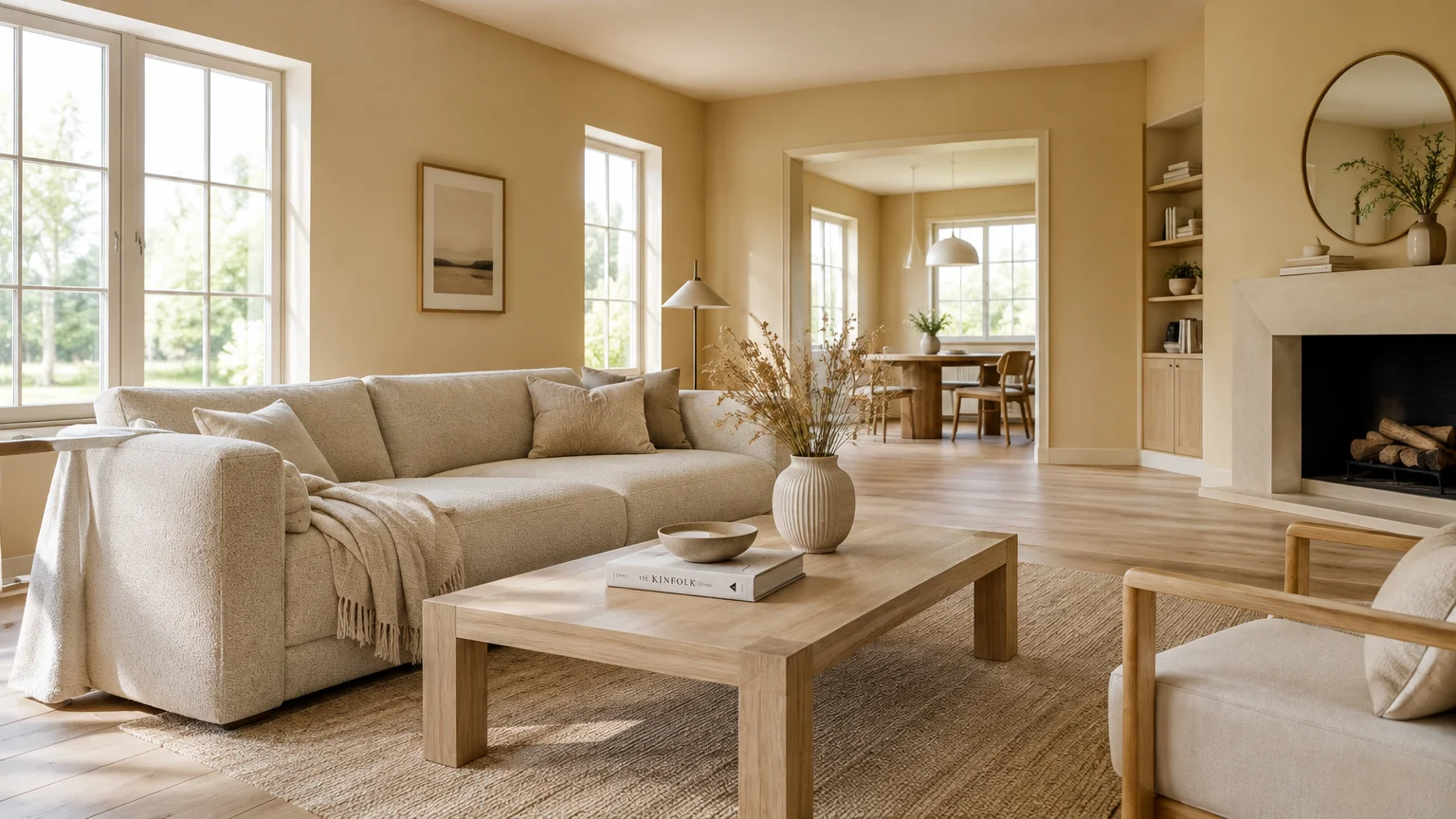 Warm, sunlit living room with golden barley walls, a light beige sofa, wood coffee table, and adjoining dining room.