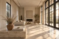 Spacious sunlit living room with floor-to-ceiling cream curtains framing large black-trimmed windows and patio doors.