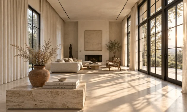 Spacious sunlit living room with floor-to-ceiling cream curtains framing large black-trimmed windows and patio doors.