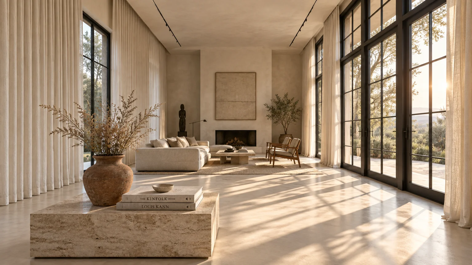 Spacious sunlit living room with floor-to-ceiling cream curtains framing large black-trimmed windows and patio doors.