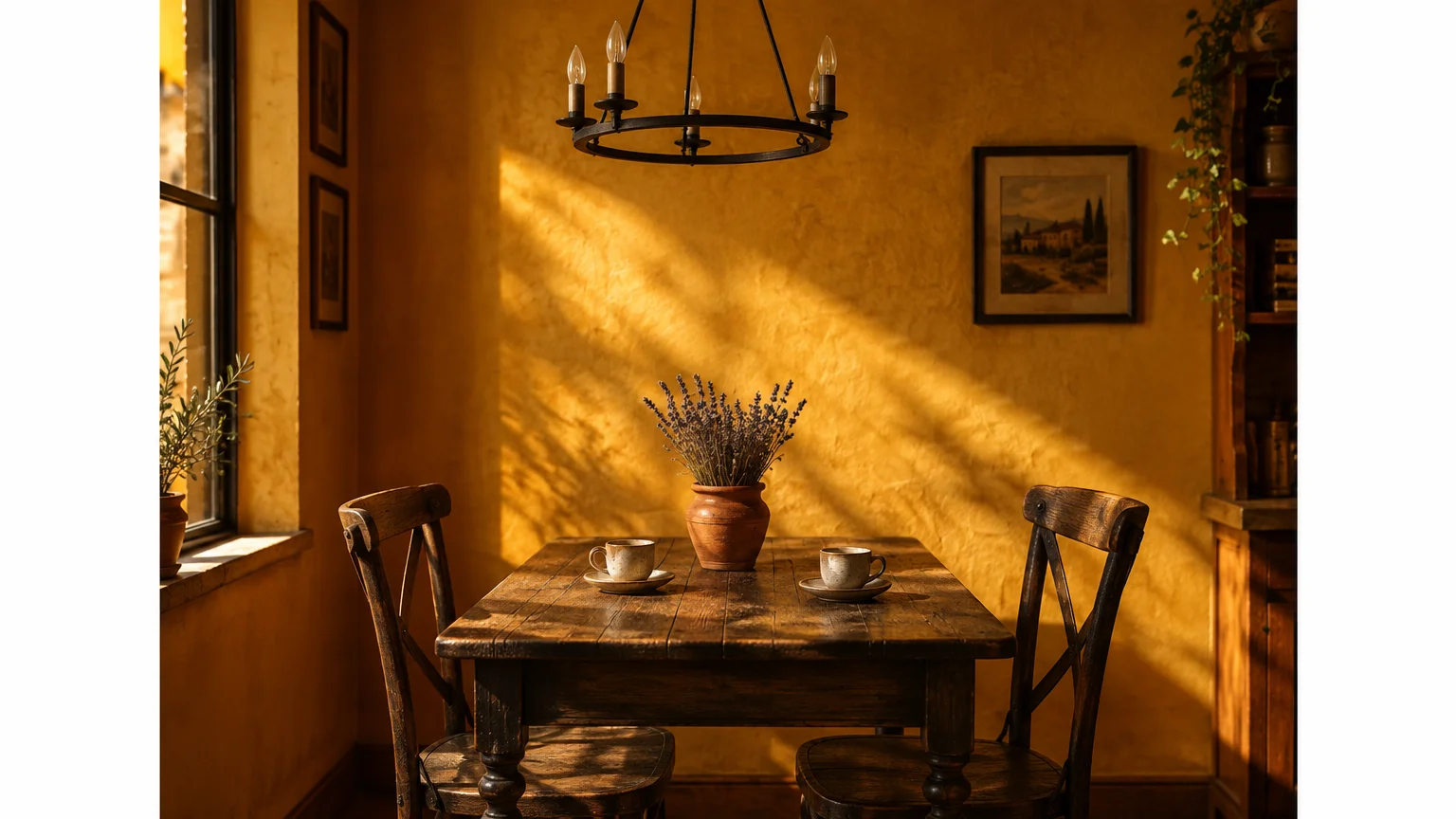 Sunlight streaming onto a wooden table and textured golden-yellow walls in a rustic dining room with an iron chandelier.