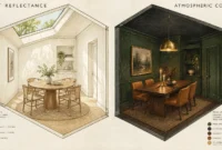 Split illustration showing an airy white dining room under a skylight beside a moody dark green dining room.