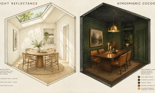 Split illustration showing an airy white dining room under a skylight beside a moody dark green dining room.
