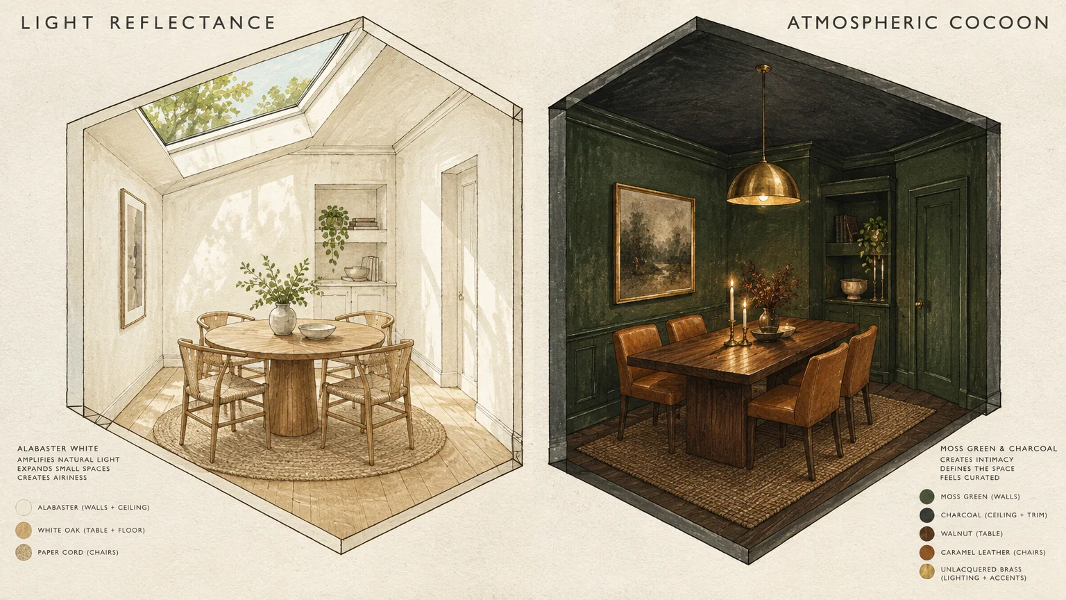 Split illustration showing an airy white dining room under a skylight beside a moody dark green dining room.