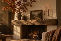 Rustic fireplace with a burning fire, wooden mantel topped with fall foliage in vases, framed painting, and lit candles.