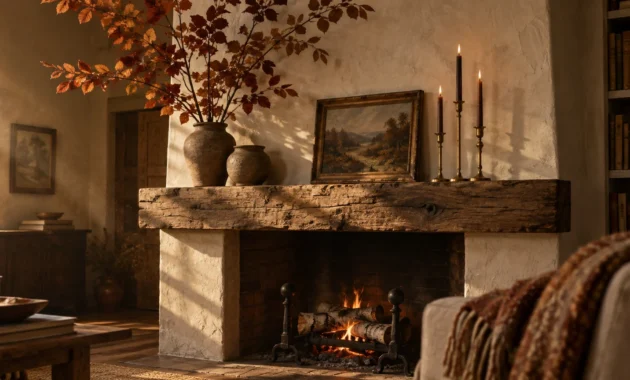 Rustic fireplace with a burning fire, wooden mantel topped with fall foliage in vases, framed painting, and lit candles.