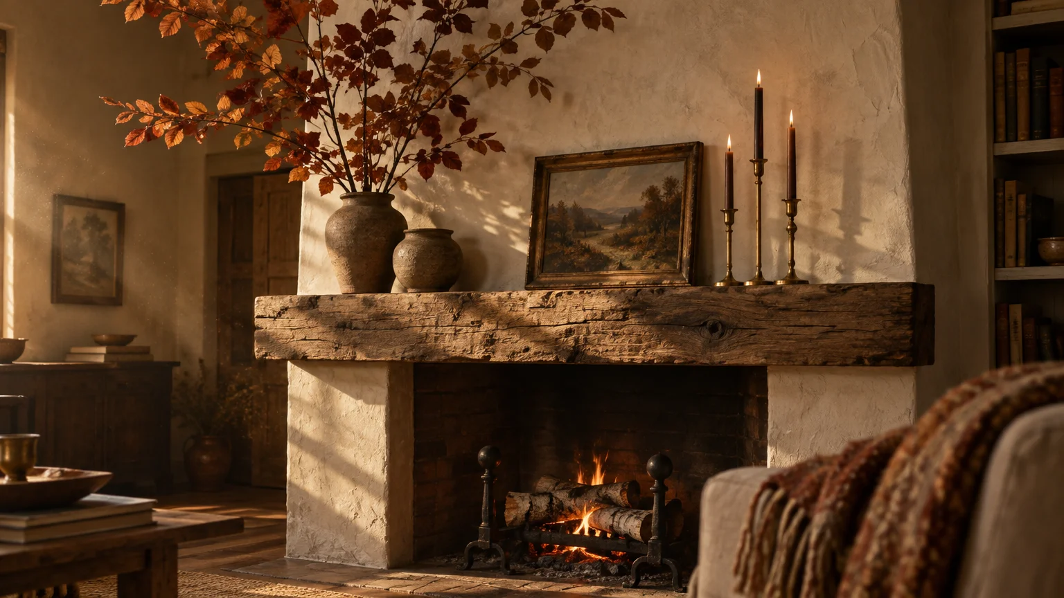 Rustic fireplace with a burning fire, wooden mantel topped with fall foliage in vases, framed painting, and lit candles.