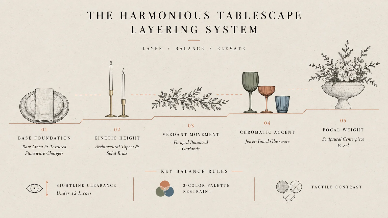Diagram illustrating five tablescape layers from base foundation linens to focal weight centerpieces with balance rules.